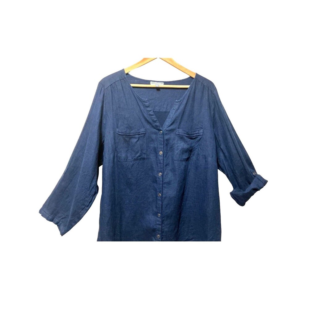 JM Collection Linen Blouse 16W Navy Blue Roll Tab Sleeve Button Front Top Plus